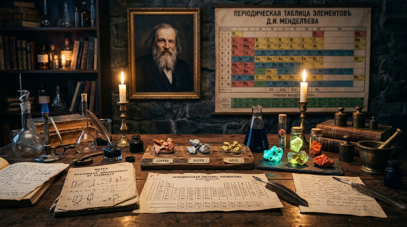 Mendeléyev organizando elementos químicos en la tabla periódica histórica