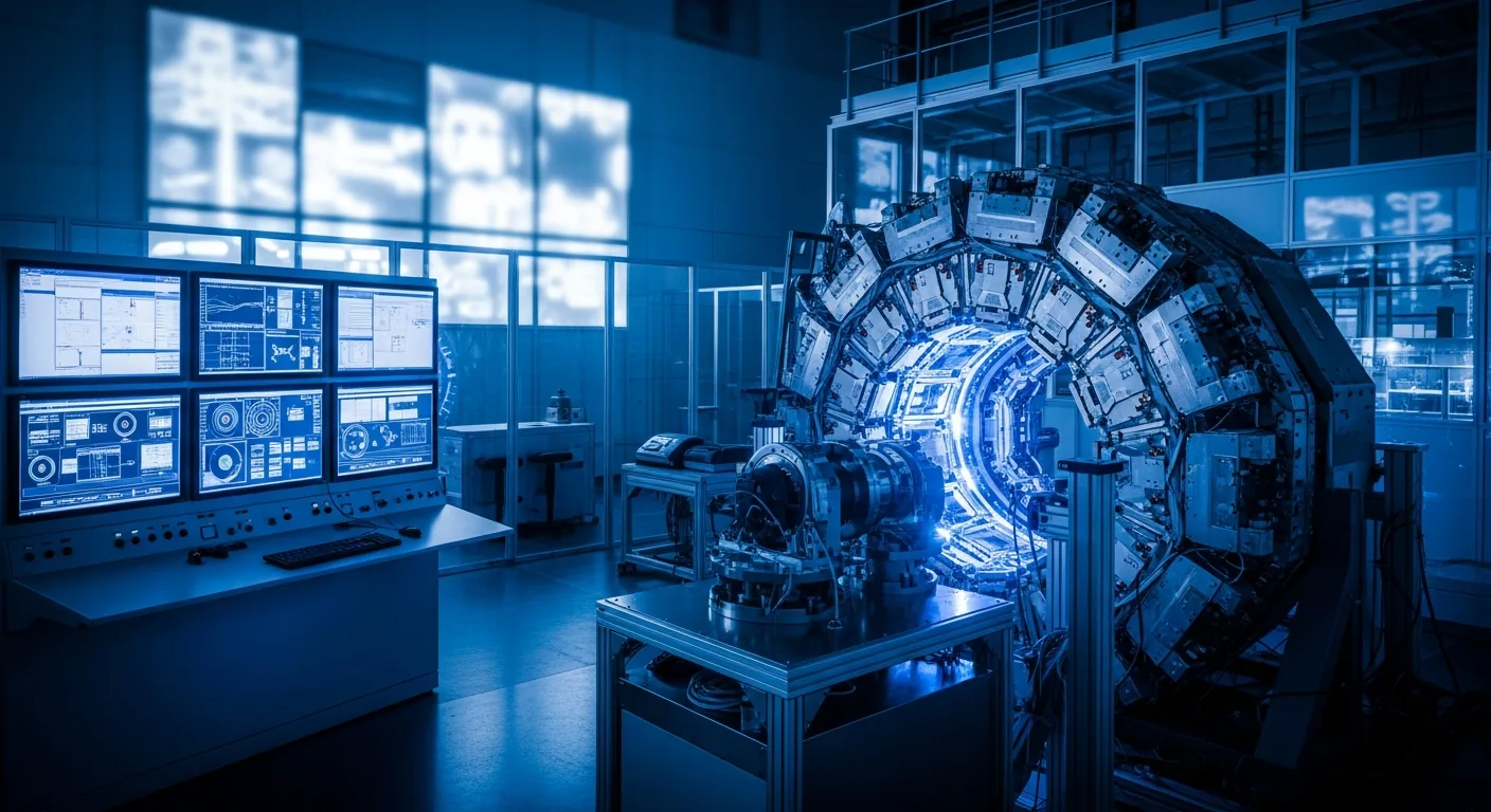 Laboratorio nuclear moderno con acelerador de partículas y científicos analizando datos en pantallas.
