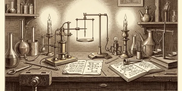 Grabado histórico: Biot y Savart observan aguja magnética junto a conductor con corriente eléctrica.