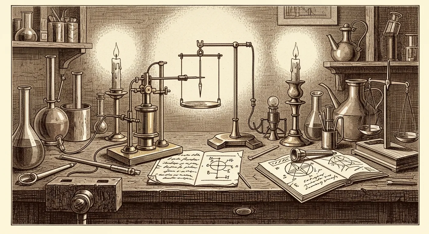 Grabado histórico: Biot y Savart observan aguja magnética junto a conductor con corriente eléctrica.