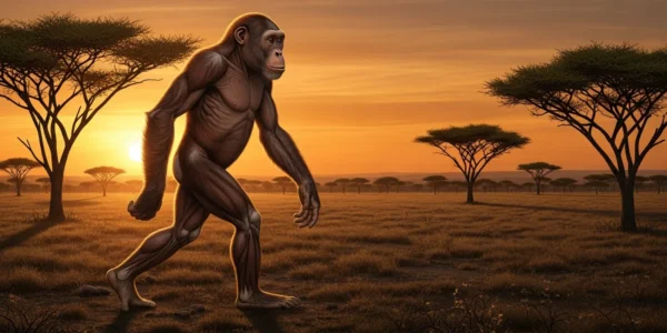 Lucy (Australopithecus afarensis) caminando en sabana africana al atardecer, ilustración científica.