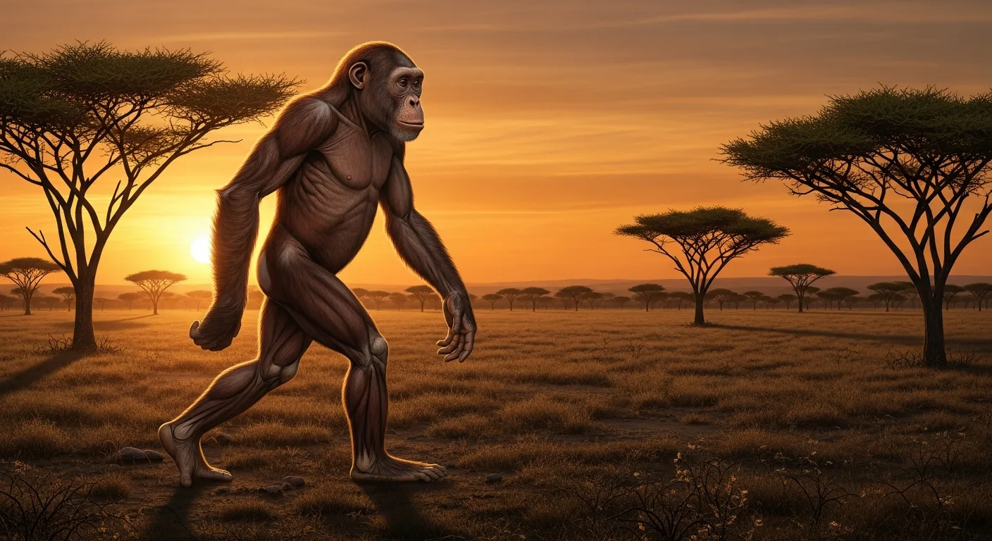 Lucy (Australopithecus afarensis) caminando en sabana africana al atardecer, ilustración científica.