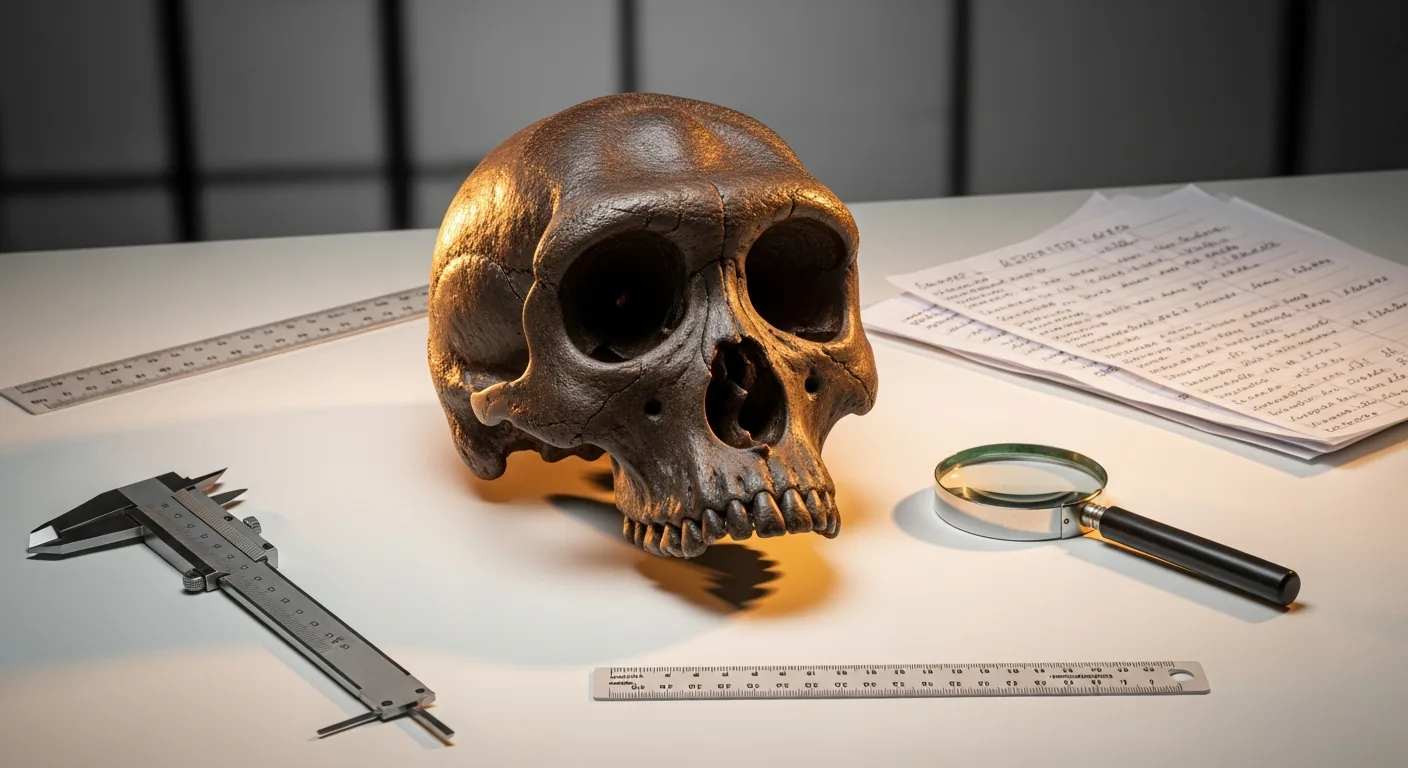 Cráneo fósil de Australopithecus afarensis con instrumentos de análisis paleontológico en laboratorio.