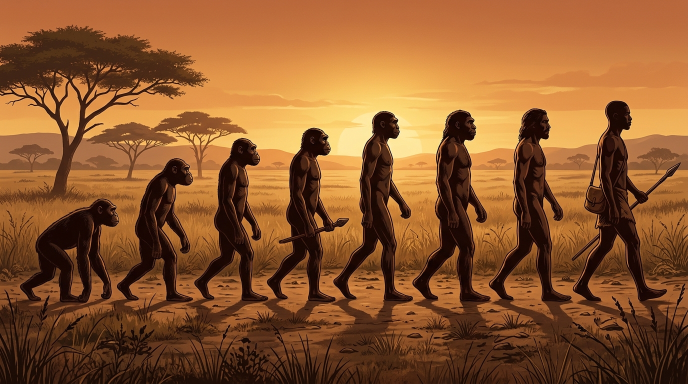 Evolución de homínidos desde primate encorvado hasta Homo sapiens erguido en sabana africana.