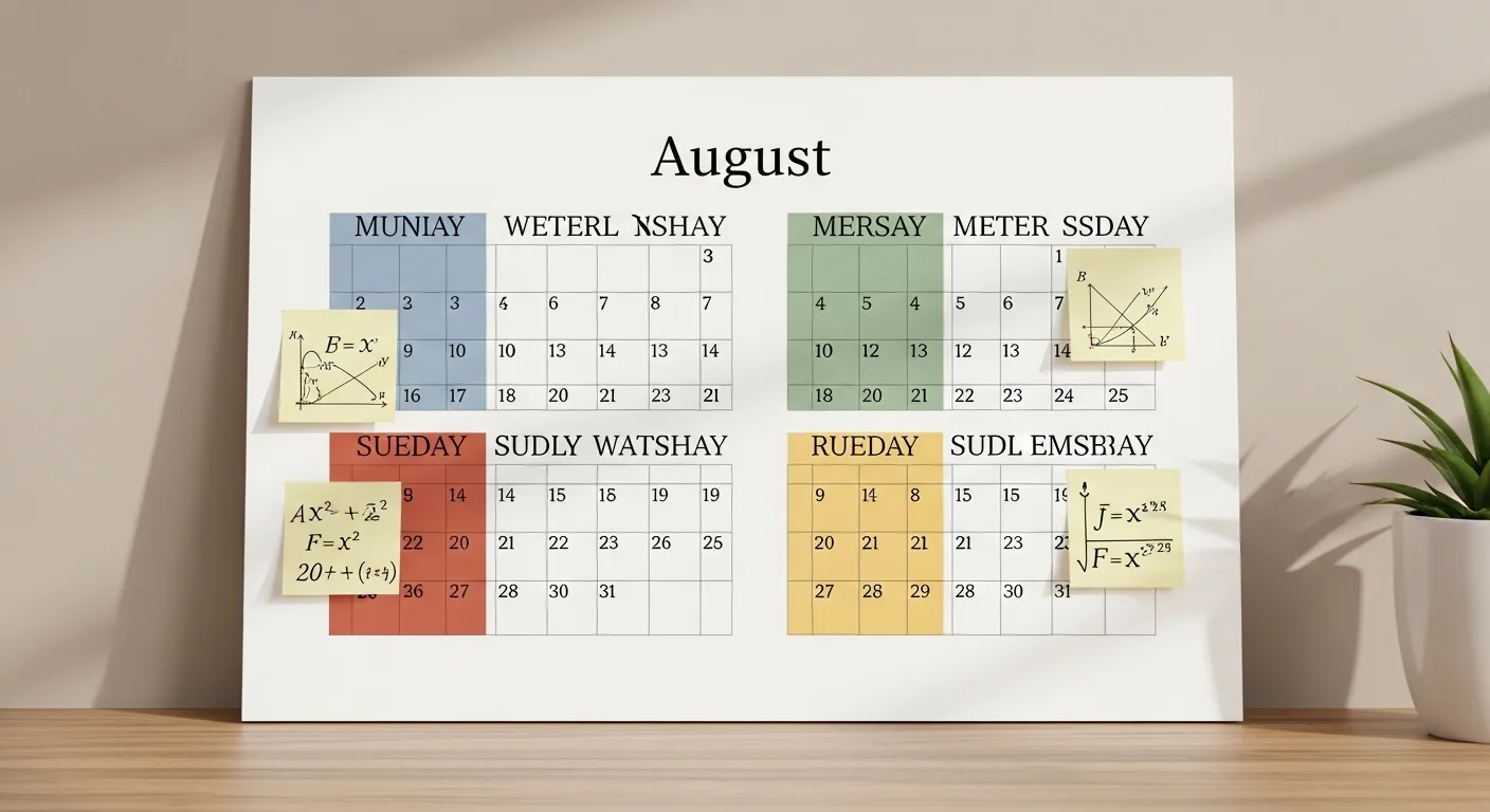 Calendario de agosto con fórmulas de física organizadas por semanas, planificación de repaso para selectividad.