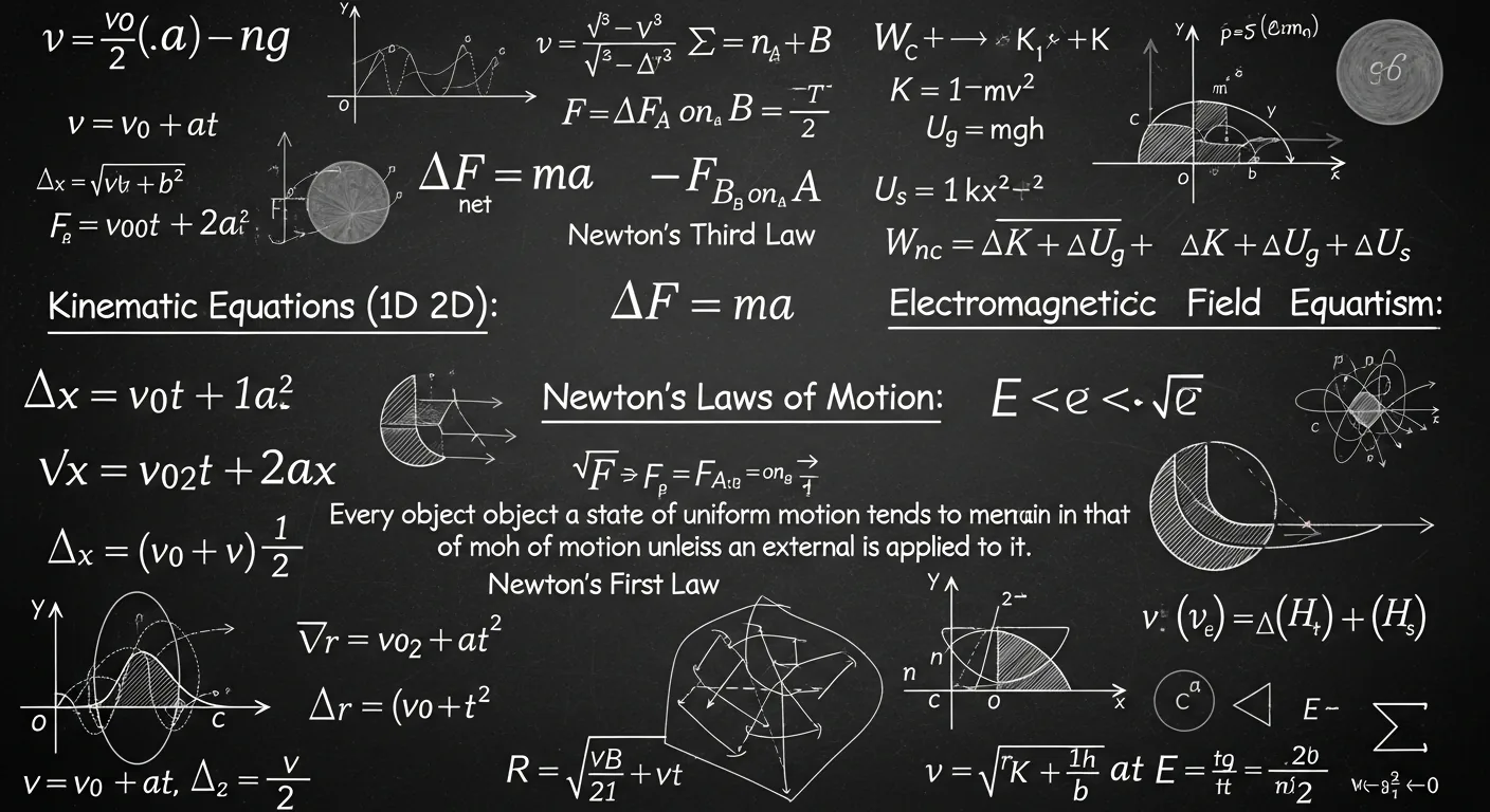 Pizarra con fórmulas de cinemática, dinámica y electromagnetismo para repaso de Física EVAU.