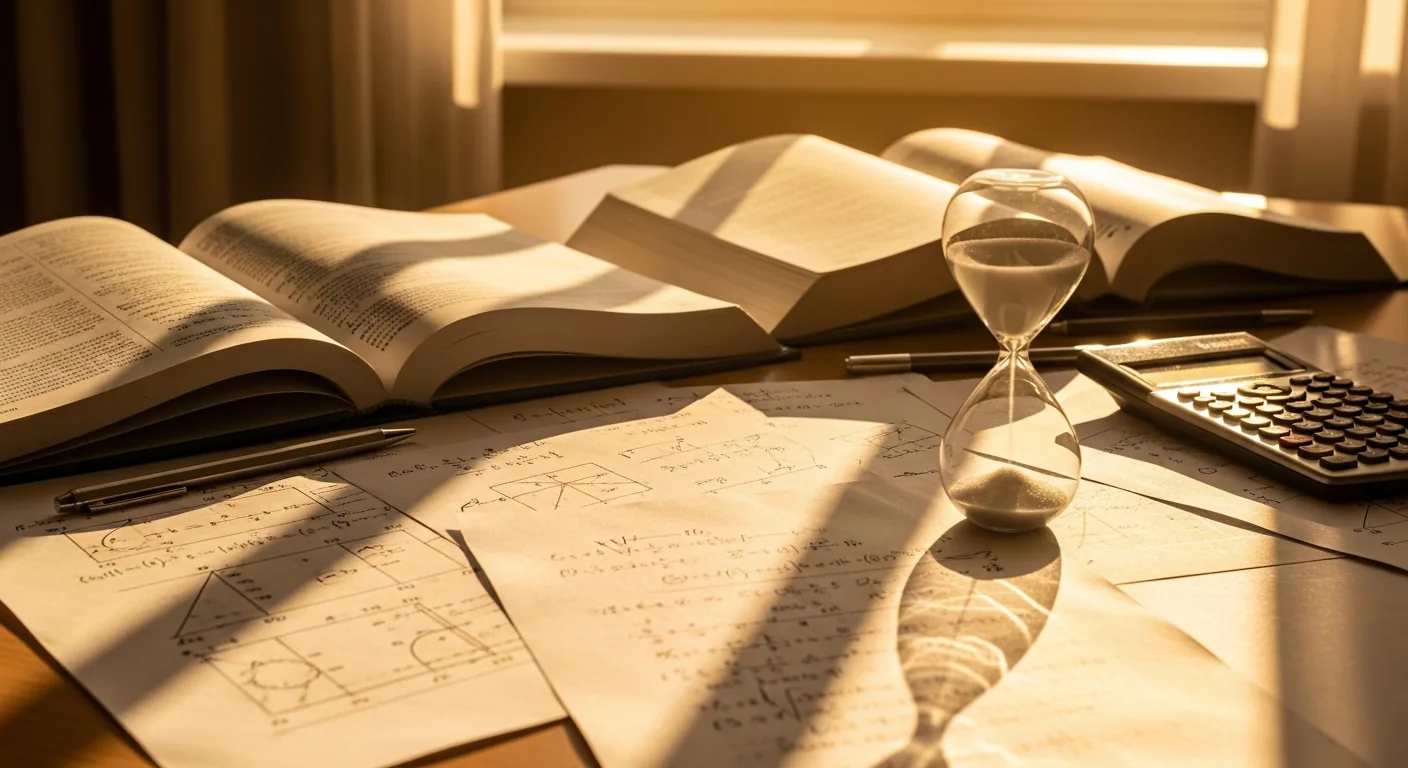 Estudiante repasando física con libros, calculadora y reloj de arena simbolizando presión temporal antes de selectividad.