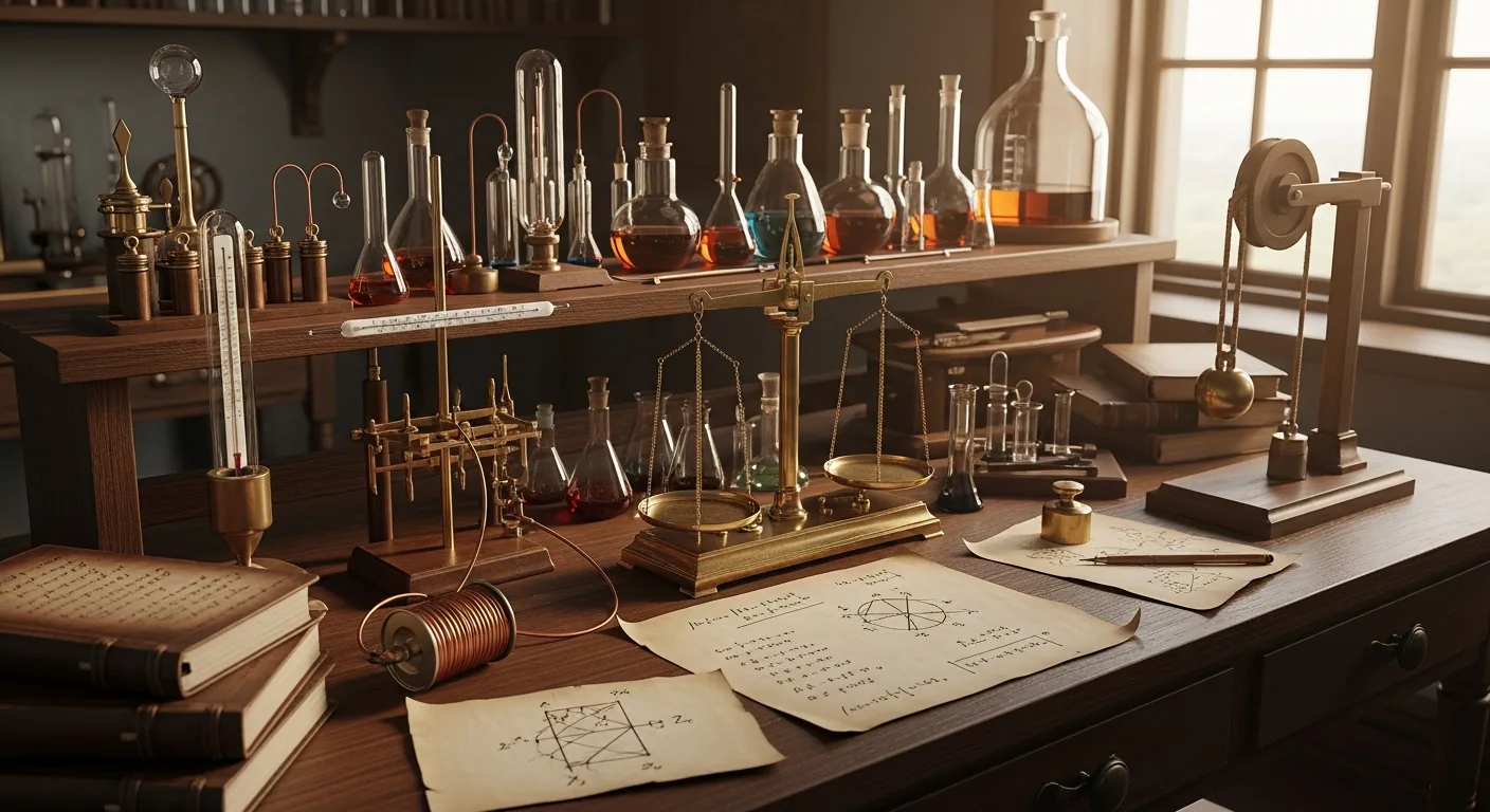 Retrato histórico de James Joule con experimento calorímetro del siglo XIX