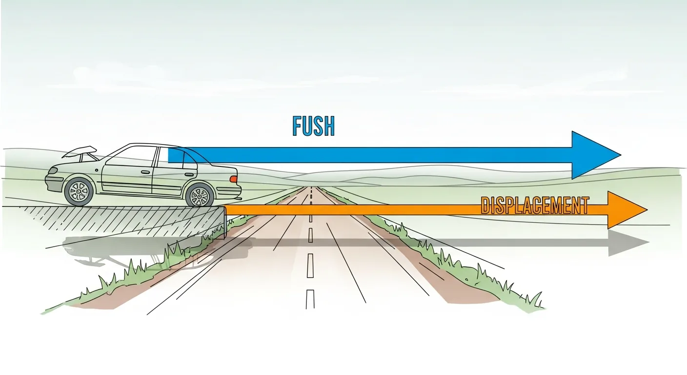 Persona empujando coche con vectores de fuerza y desplazamiento en carretera, ilustración educativa.