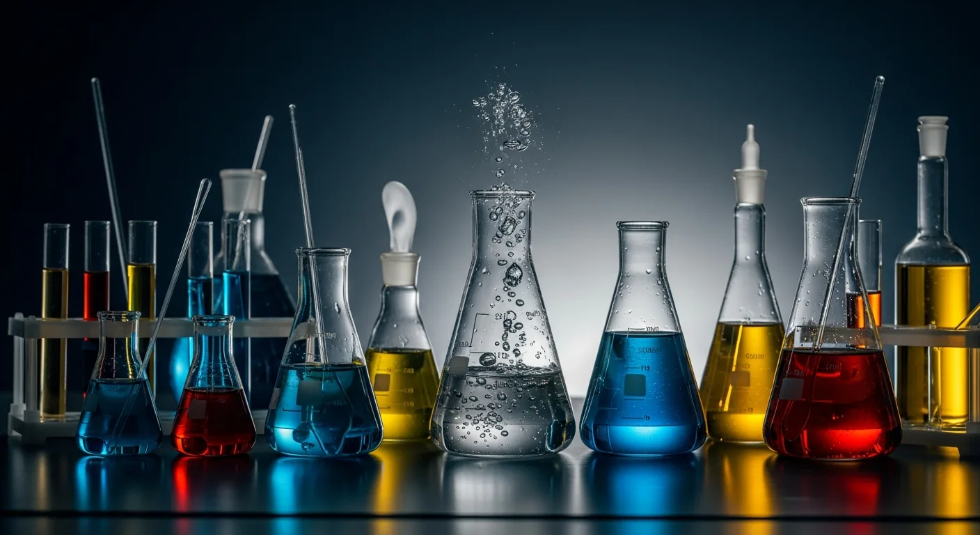 Experimento químico en laboratorio: matraces y tubos con líquidos coloreados, reacción activa con burbujas visibles.