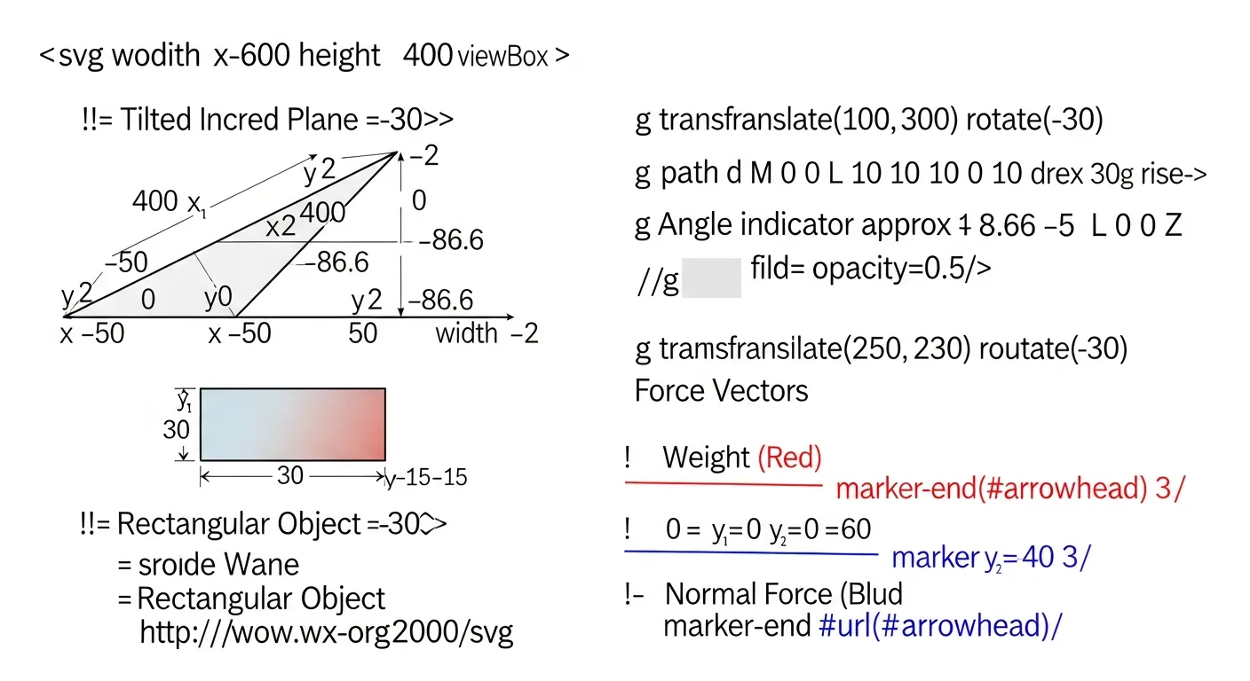 Diagrama de fuerzas en plano inclinado: peso, normal y fricción con vectores coloreados.