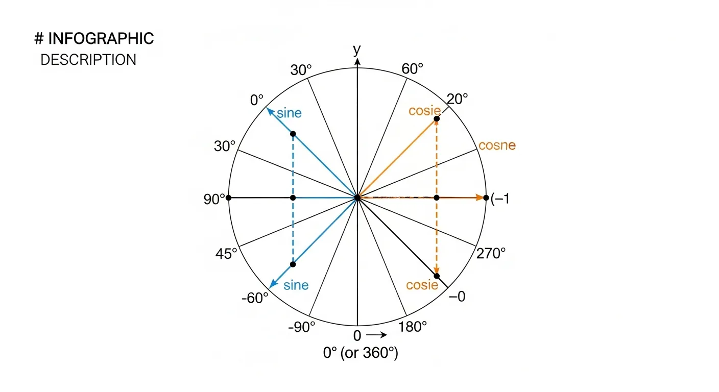 Círculo trigonométrico con ángulos, seno y coseno marcados en colores diferenciados, estilo infográfico moderno.
