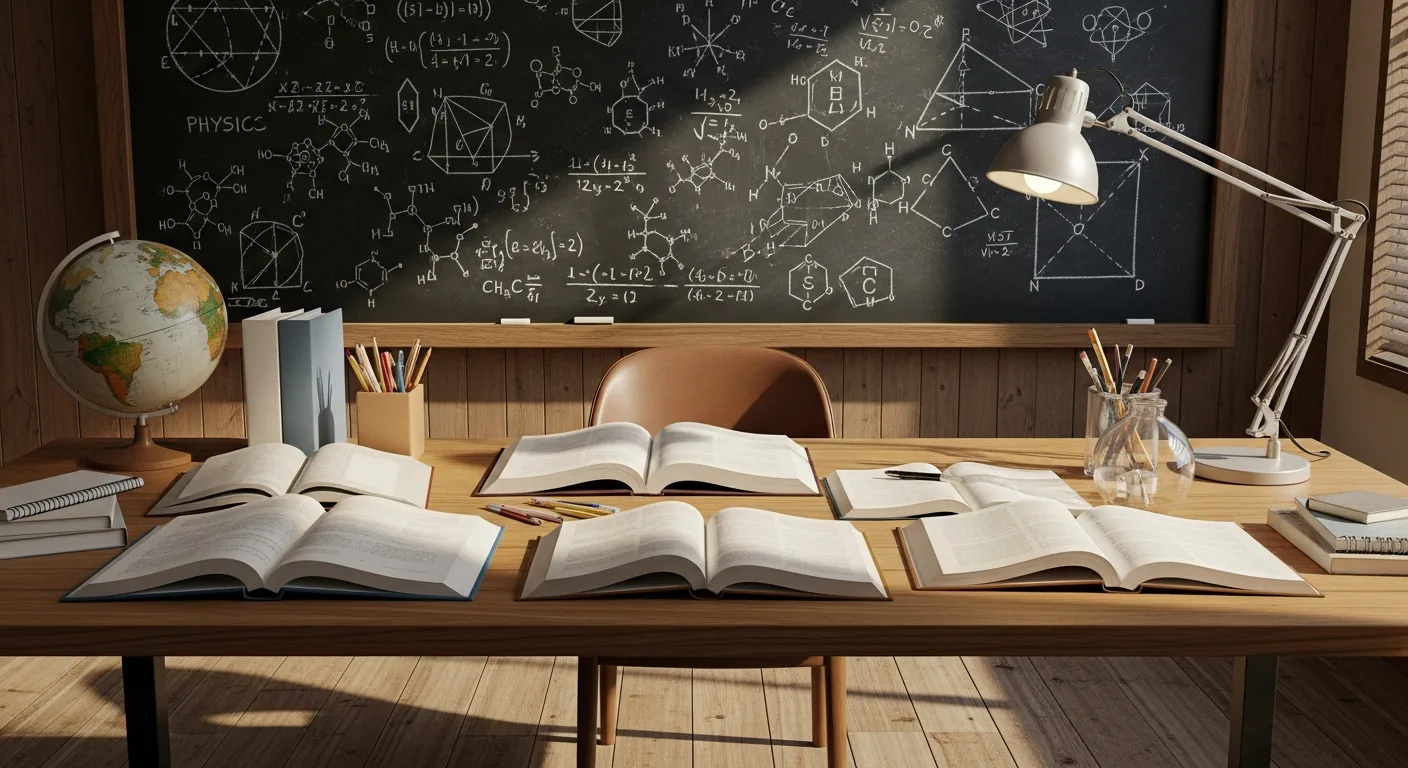Estudiante de bachillerato estudiando matemáticas, física y química con libros y fórmulas en pizarra.